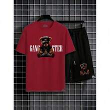 Kit Conjunto Gangster Camiseta Masculina  Malha Algodão + Bermuda Moletom Lançamento Estampada Urso Badboy  Confortavel - CamisetaBordo Bermuda Preta - Visão 1