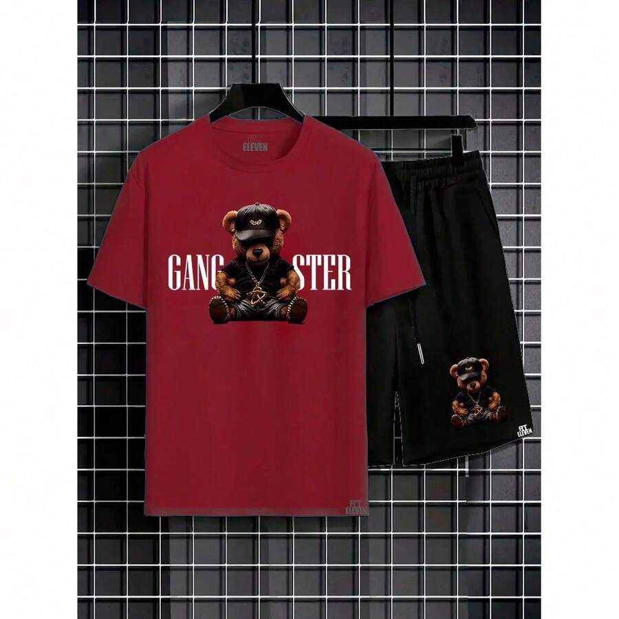 Kit Conjunto Gangster Camiseta Masculina  Malha Algodão + Bermuda Moletom Lançamento Estampada Urso Badboy  Confortavel - CamisetaBordo Bermuda Preta - Visão 1