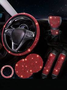 7件套汽车配件套装,女士汽车配件,亮面方向盘套,亮面汽车杯垫,亮面套装,安全带肩垫,圆形Logo贴纸,换挡杆套 - 款式A - 查看 16