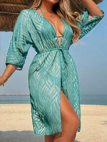 Women's Solid Color Jacquard Off-Shoulder Long Sleeve Beach Cover-Up With Waist Tie Vacation Summer - Mint Blue - View 4