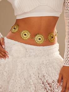 1pc Vintage Carved Metal Inlaid Black Gemstone Zinc Alloy Women's Belt/Waist Chain, Bohemian Suitable For Casual Daily And Party Dress Matching, Valentine's Day Gift - Gold and Black - View 1