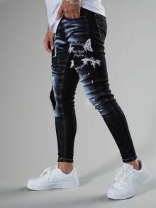 Men's Streetwear Black Washed Heavy Ripped Frayed Distressed Jeans - Skinny Stretchy Fit Destroyed Denim Pants - 黑色 - 查看 4