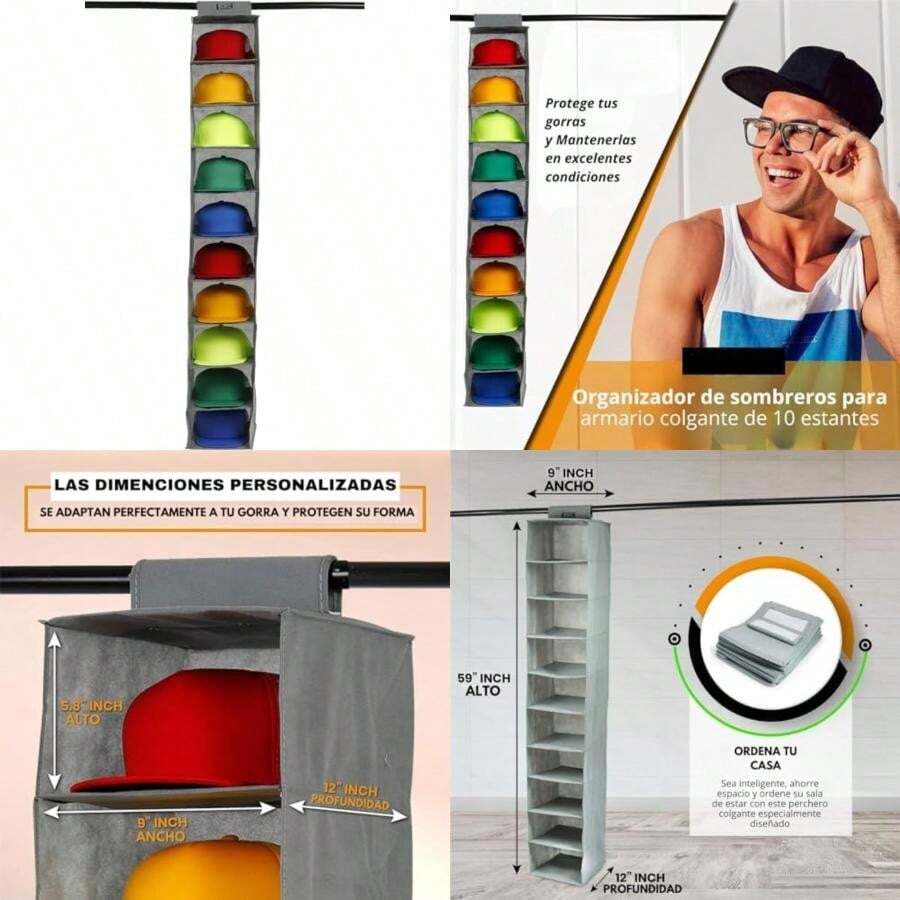 Timotech Organizador de Gorras de Armario Colgante de 10 Espacios, Porta Gorras para Proteger tus Gorras, Perchero para Gorras, Soporte para Gorras, Hat Organizer(default) - Multicolor - Ver 1