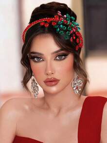 1pc Rhinestone Headband, Elegant Crystal Pearl Princess Style Headpiece Suitable For Bride, Wedding, Festival, Carnival, Date, Valentine's Day Gift, Casual Wear - Red - View 3