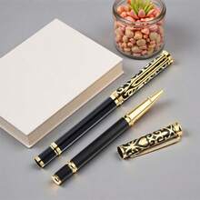 时尚经典黑色雕花圆珠笔/优雅金属商务签名笔/男女通用奢华行政办公签名笔/学生书法练习笔/可替换笔芯 - 黑色 - 查看 3