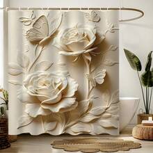 1件装奢华3D蝴蝶花卉图案浴帘，米色系列，时尚简约蝴蝶花卉印花浴帘，适用于浴室装饰、一般房间装饰、家居装饰套装、浴室配件浴缸帘 - 彩色 - 查看 1