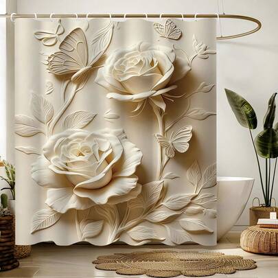 1件装奢华3D蝴蝶花卉图案浴帘，米色系列，时尚简约蝴蝶花卉印花浴帘，适用于浴室装饰、一般房间装饰、家居装饰套装、浴室配件浴缸帘