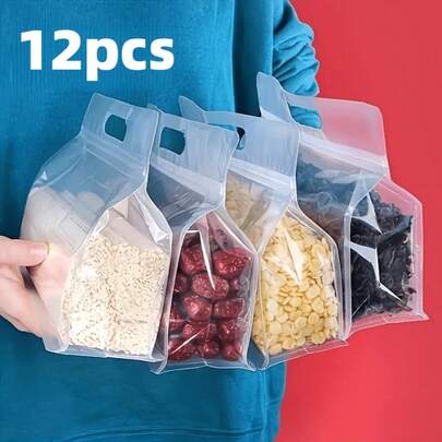 12 Extra-Large Reusable Storage Bags With Handles - Leak-Proof And Freezer-, Suitable For Nuts, Grains, And Fruits - Ideal For Travel And Everyday Organization, Essential For Food Storage And Meal Prep, Leak-Proof Design, Large Capacity, Sturdy Handles, High-Quality Material, Multi-Purpose Storage Solution, Snack Storage, Portable For On-The-Go, Perfect For Busy Families