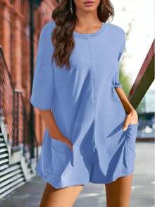 Rompers For Women 2025 Summer Athletic Oversized Romper Short Sleeve Jumpsuit With Pockets - XANH NHẸ - Xem 4