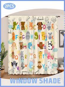 2件套ABC动物字母窗帘，可爱动物园图案，儿童房卡通学习窗帘 - 彩色 - 查看 1