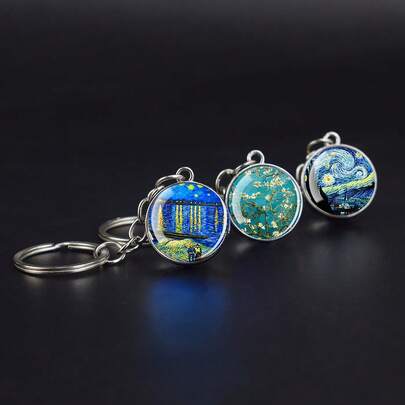 1Pc Van Gogh Rhone River Starry Night Apricot Flower Art Keychain Fresh Pattern Curved Glass Keychain Art Pendant Festival Gift