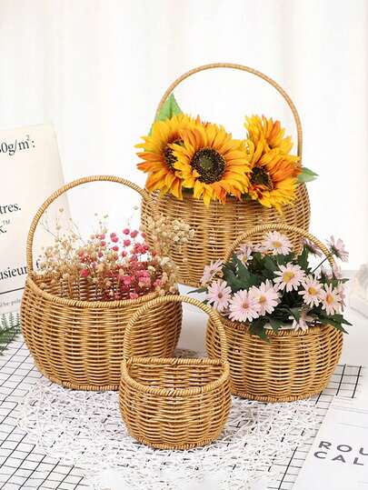 1pc Woven Hanging Basket, Wall Mounted Storage Basket, Kitchen Onion, Ginger, Garlic Storage Basket, Wall Mounted Storage Basket, Floral Decoration Basket, Handmade Imitation Rattan Woven Storage Rack, Kitchen, Bathroom And Bathroom Decoration, Wall Mounted Storage And Wash Rack Storage Basket