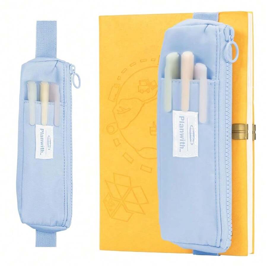 Small Pen Bag With Adjustable Band, Slim Pencil Pouch With Zipper For Makeup Or Notebook - Biru - View 1