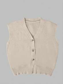 Women's Casual Solid Color V-Neck Long Sleeve Button-Up Knit Vest, Suitable For Spring And Autumn Outfits - Khaki - View 7