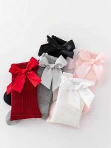 1 Pair Girls/Toddlers Solid Color Bow Decor Over-The-Knee Socks, School Style - Red - View 8