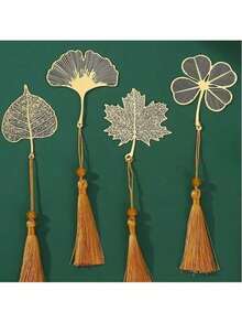 4pcs/1pc Metal Leaf & Flower Bookmarks, Bookmark Set, Maple Leaf, Four-Leaf Clover, Lotus, Ginkgo Leaf Bookmarks With Pendant Chain, Suitable For Book Lovers, Writers, Readers, Birthday, Graduation, Holiday, Valentine's Day, Wedding, Back To School, Teacher Supplies, Bible, Study Supplies, Christmas Gifts - Gold - View 12