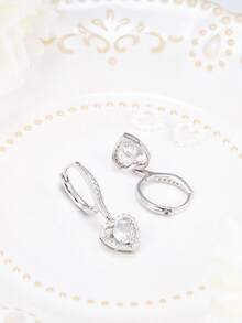 925纯银耳环，时尚耳环，精致耳环，立方氧化锆耳环，心形吊坠耳环，低过敏性耳环，圈形耳环，适合日常佩戴，生日礼物 - 銀色 - 查看 4