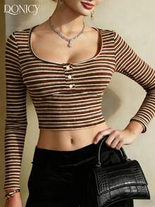 DONICY Elegante blusa de manga larga con cuello cuadrado y botones, a rayas, de ajuste ceñido, para mujer, ideal para uso casual, de negocios, vacaciones, citas, San Valentín, carnaval - Multicolor - Ver 5