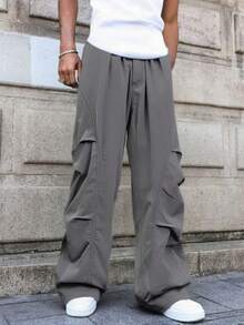 男士褶裥常规腰阔腿工装裤，宽松版型街头风长裤，侧边口袋设计，适合日常休闲穿着和度假。 - 深灰色 - 查看 1