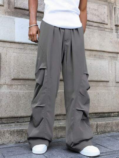 남성용 플리츠 레귤러 허리 와이드 레그 카고 팬츠, 캐주얼 일상복 및 휴가용 사이드 포켓이 있는 루즈핏 스트리트웨어 바지