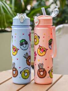 1pc 750ml/26oz Cute Donut Pattern Tumbler Bottle With Straw, 10 Styles Available, Woven Handle, Portable & Durable, Suitable For Outdoor, Travel, Sports, Holiday & Birthday Gift - Multicolor - View 3