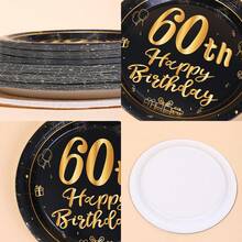 10入/20入/40入/50入 60歲生日裝飾 中性款 黑色與金色 Happy 60th 7英吋與9英吋紙盤 餐具 適用於60歲生日派對 女性男性 60週年紀念復古一次性甜點盤 - 彩色 - 查看 2