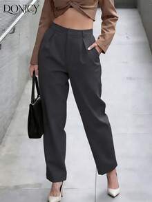 DONICY 女士纯色高腰直筒褶裥裤，柔软舒适，时尚百搭，优雅都市休闲风，适合日常休闲、约会、派对、商务办公等场合。 - 深灰色 - 查看 8
