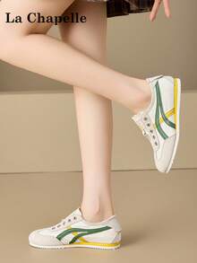 1双 La Chapelle 女士厚底系带软底休闲鞋，低帮户外平底鞋，圆头低跟纯色优雅软底徒步鞋，适合学生毕业照，女士低帮皮质运动鞋 - 米綠色 - 查看 6