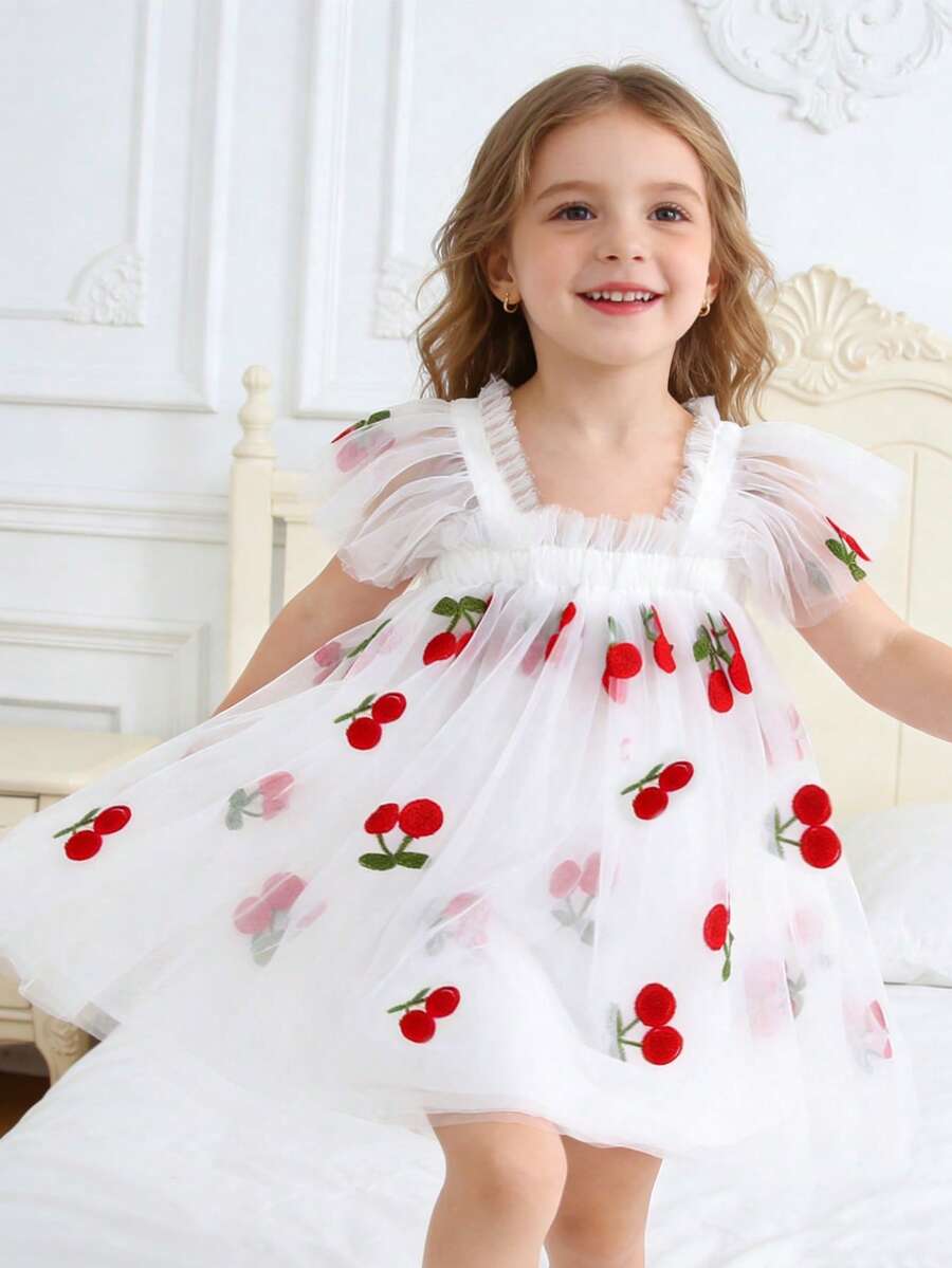1 pieza Vestido de tutú elegante y dulce con mangas de mariposa bordadas para niña, vestido de fiesta formal para cumpleaños, vacaciones, celebraciones, todo el año - Blanco - Ver 1