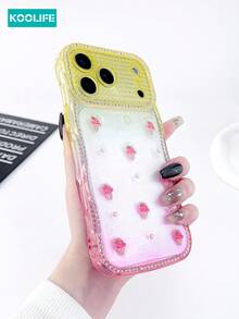 1pc Wavy Edge Diamond Gradient Phone Case With Epoxy 3D Ice Cream & Pearl, 2.0mm TPU Soft Cover, Raised Lens Protection Shockproof Stylish Design Case, Compatible With IPhone 17/17 Pro/17 Pro Max - Strawberry Ice Cream Gradient Powder - View 3