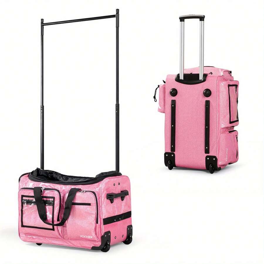 Fochier 1 Set Of 23-Inch Pulley Dance Bag, Dancers Carry Competition Luggage, The Separator Block Can Change Clothes, Suitable For Girls Dance Competition, Concert, Travel Multi-Functional Waterproof Clothing Luggage, Mute Wheel, Flash Pink Flash Blue. - 粉色 - 查看 1