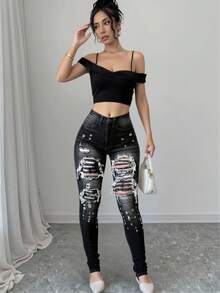 Vaqueros lavados con rotos de cintura alta para mujer, elásticos y ajustados - Negro - Ver 2