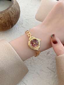 1pc Oval Bamboo Strap Women's Watch, Adjustable Gold-Tone Band, Elegant & Versatile Quartz Wristwatch, Suitable For Daily Wear, An Ideal Daily Matching Gift - 金色 - 查看 4