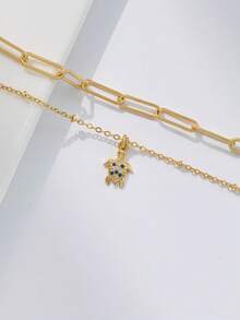 Conjunto de 2 pulseiras femininas, estilo boêmio de verão para praia, corrente básica multicamadas banhada a ouro, corrente com alfinete de , pingente de tartaruga com zircônia cúbica incrustada em cobre, conjunto de pulseiras empilháveis multicamadas, coleção Oceano. Joias para presente. - Ouro amarelo - Ver 2