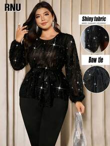 大码女式优雅闪亮毛绒面料黑色流苏腰带蝴蝶结设计圆领灯笼袖音乐会时尚百搭外套上衣，轻薄透气，适合派对、夜店等场合 - 黑色 - 查看 1