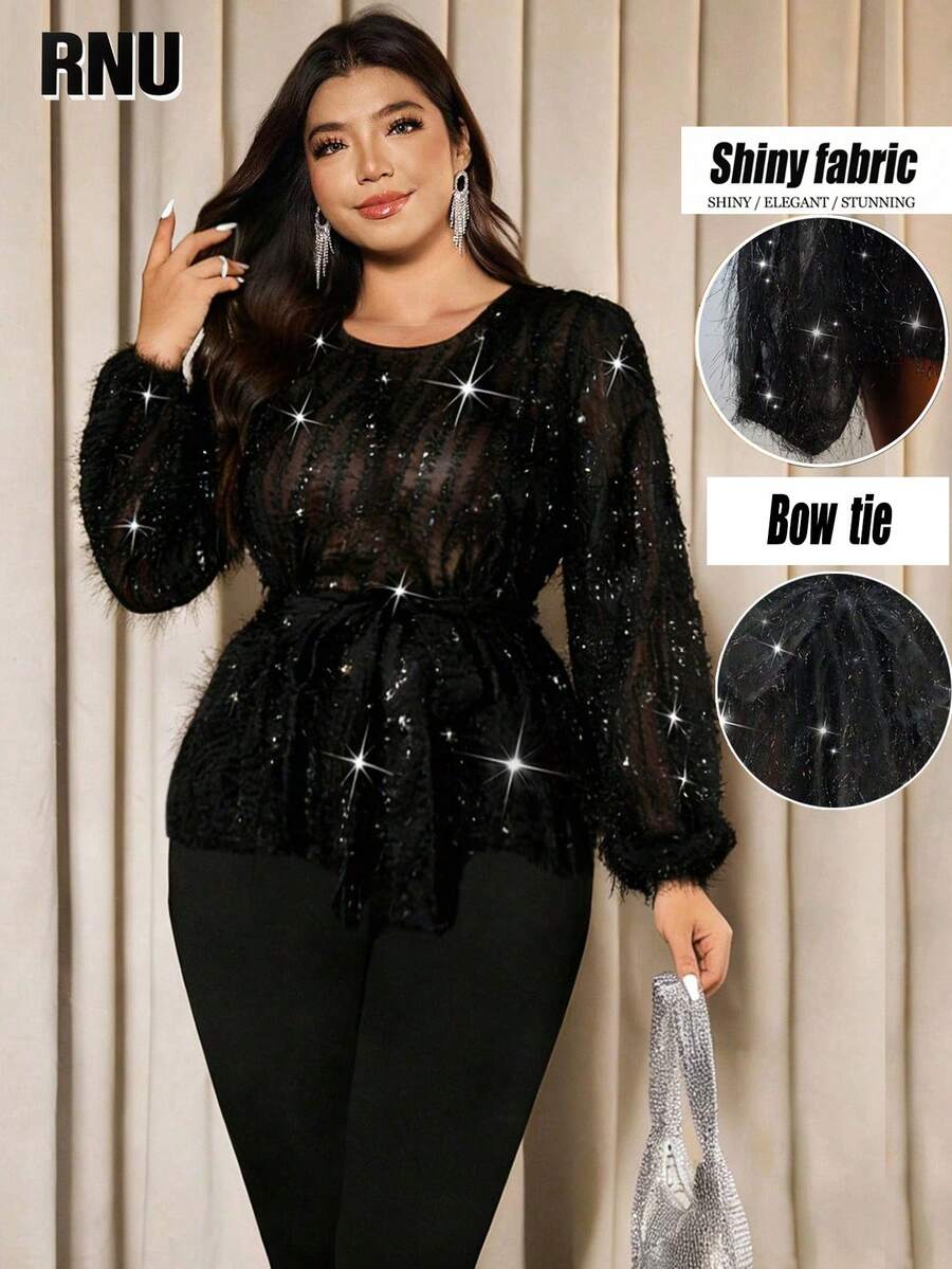 大码女式优雅闪亮毛绒面料黑色流苏腰带蝴蝶结设计圆领灯笼袖音乐会时尚百搭外套上衣，轻薄透气，适合派对、夜店等场合 - 黑色 - 查看 1