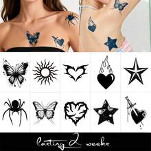 草本果汁半永久纹身贴片 - 情人节、狂欢节礼物 - 暗黑朋克蜘蛛荆棘爱心蝴蝶五角星图案 - Y2K 日常派对节日礼物 - 节日纹身 - 可贴于手背、手臂、脚踝、腰部、腹部、肩部、颈部、锁骨等部位，防水 - 不反光 - 1 片装 - 藍色 - 查看 2
