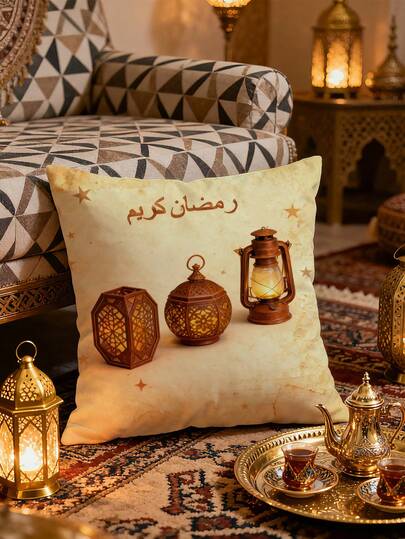 1pc Minimalist Lantern Design, Moon Festival Decorative Throw Pillow Cover, 17.7*17.7 Inches (45*45cm), Peach Velvet Material, Digital Printing Single-Sided, Indoor Party Decor Gift