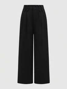 SMILE CHIC 女士春季休闲阔腿裤，宽松直筒版型，纯色独特腰带设计，适合办公室和日常穿着，百搭显瘦，黑色款 - 黑色 - 查看 8