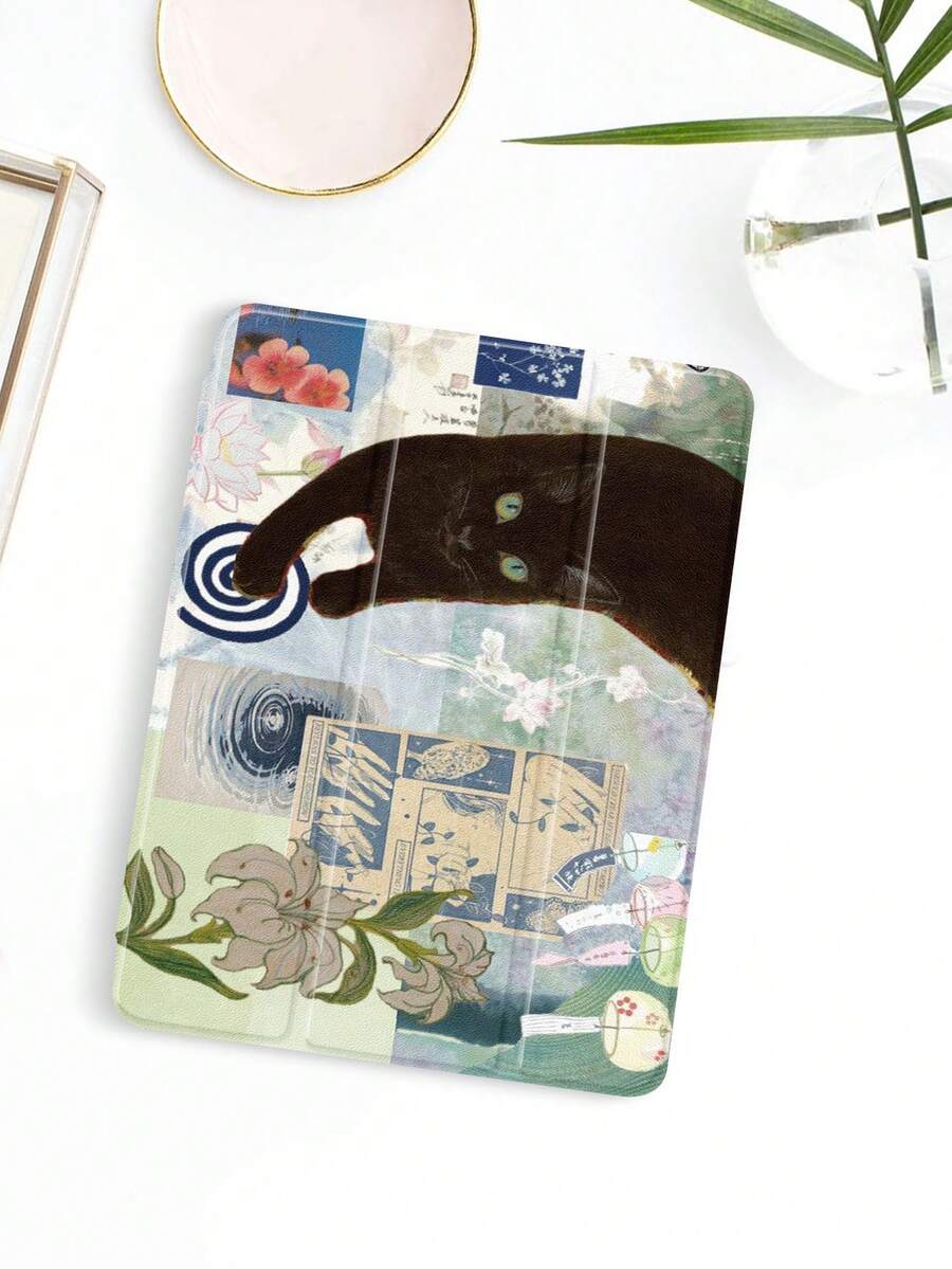 1个清爽黑猫印花平板保护套，兼容iPad 10.2英寸（2021/2020款）、iPad第10/9/8代、iPad（A16）11英寸（第11代，2025款）、Galaxy Tab A8 10.5英寸（2022款），带笔槽，支持自动休眠/唤醒 - 彩色 - 查看 1