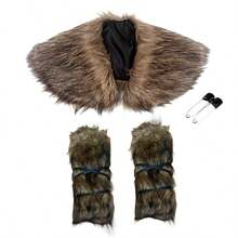 3件套男士仿毛皮维京国王战士斗篷，中世纪文艺复兴万圣节冬季角色扮演服装，毛绒仿毛皮袜子和保暖裤，时尚风格 - A - 查看 4