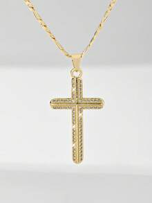 1件欧美经典铜镶嵌锆石十字架吊坠项链，限量版“守护之光”，适合作为圣诞节/感恩节/万圣节/母亲节/情人节礼物送给情侣/朋友/教父母，也适合天主教初领圣体、日常及节日佩戴祈祷。 - 金黃色 - 查看 1