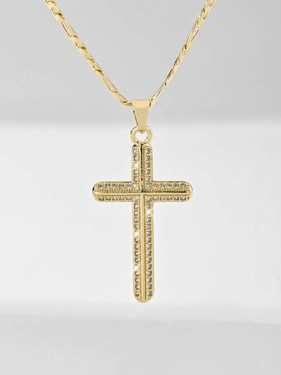 1件欧美经典铜镶嵌锆石十字架吊坠项链，限量版“守护之光”，适合作为圣诞节/感恩节/万圣节/母亲节/情人节礼物送给情侣/朋友/教父母，也适合天主教初领圣体、日常及节日佩戴祈祷。 - 金黃色 - 查看 1