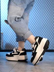 LOUN 1双儿童可调节双轮溜冰鞋，时尚运动鞋 - 黑與白 - 查看 8