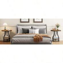 Runder Beistelltisch 2-Etagen Beistelltische Moderner Nachttisch Kleiner Couchtisch mit Stauraum für Sofaseite, Nachttisch mit Metallgestell für Wohnzimmer (1, +Schwarz) - Marron et noir - Voir 11