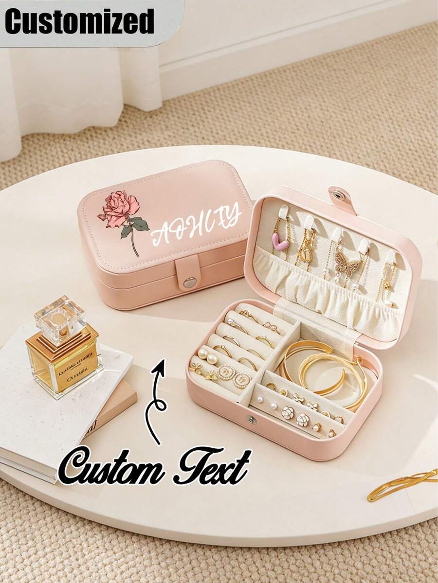 Customized Floral Name Jewelry Box, Bridesmaid Jewelry Box, Personalized Portable Jewelry Box, Perfect Holiday Gift, Earring, Necklace, Bracelet, Ring Box, Exquisite Gift, Space-Saving, Multifunctional, Reusable, Graduation Gift, Adjustable, Decorative, Reusable - Multicolor - View 1