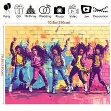 2D平面，1件装2D五女跳舞涂鸦砖墙艺术风格背景布，派对横幅，创意嘻哈舞会音乐工作室摄影生日庆祝夏季派对线上会议，2D平面 - 1pcs - 查看 4