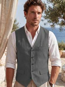 Mens Vests Breathable Cotton Linen Vest V Neck Summer Beach Wedding Party Groomsmen Casual Waistcoat Outfits Tuxedos - 灰色 - 查看 3