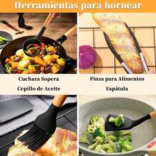 34 Piece Silicone Heat Resistant Kitchen Utensil Set with Ergonomic Wooden Handles, Easy To Clean & Non Stick - Negro - Ver 9