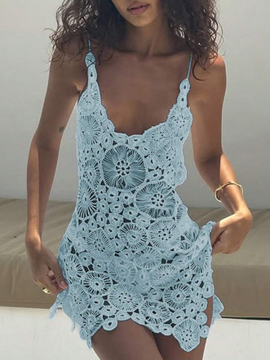 Women Crochet Swimsuit Coverups Tie Up Backless Short Dress Slim U Neck Hollow Out Sleeveless Irregular Hem Mini Beach Dress Vacation Style Outfit - 藍色 - 查看 1